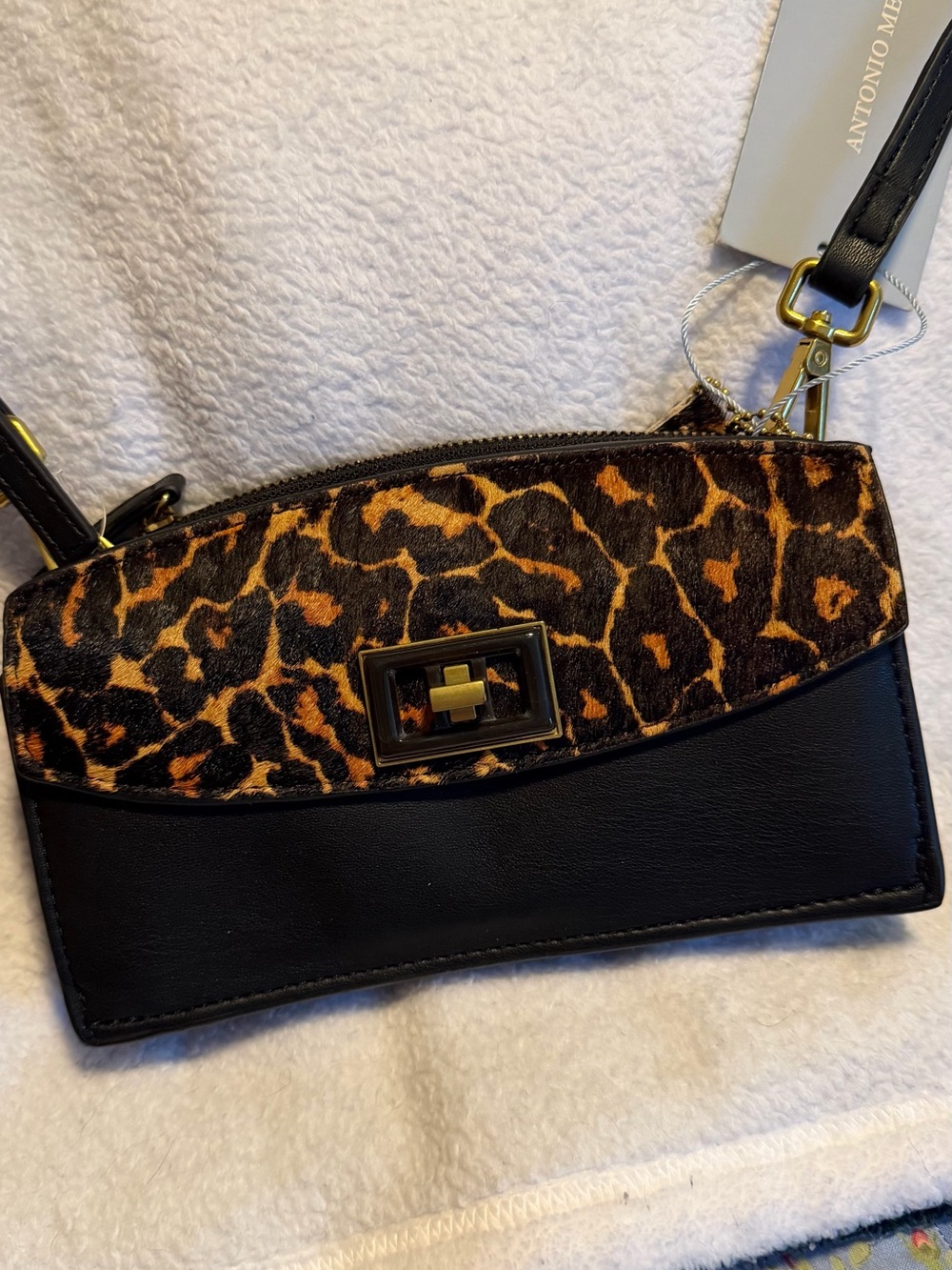 ANTONIO MELANI Black Leather Crossbody with Leopard-Print Flap